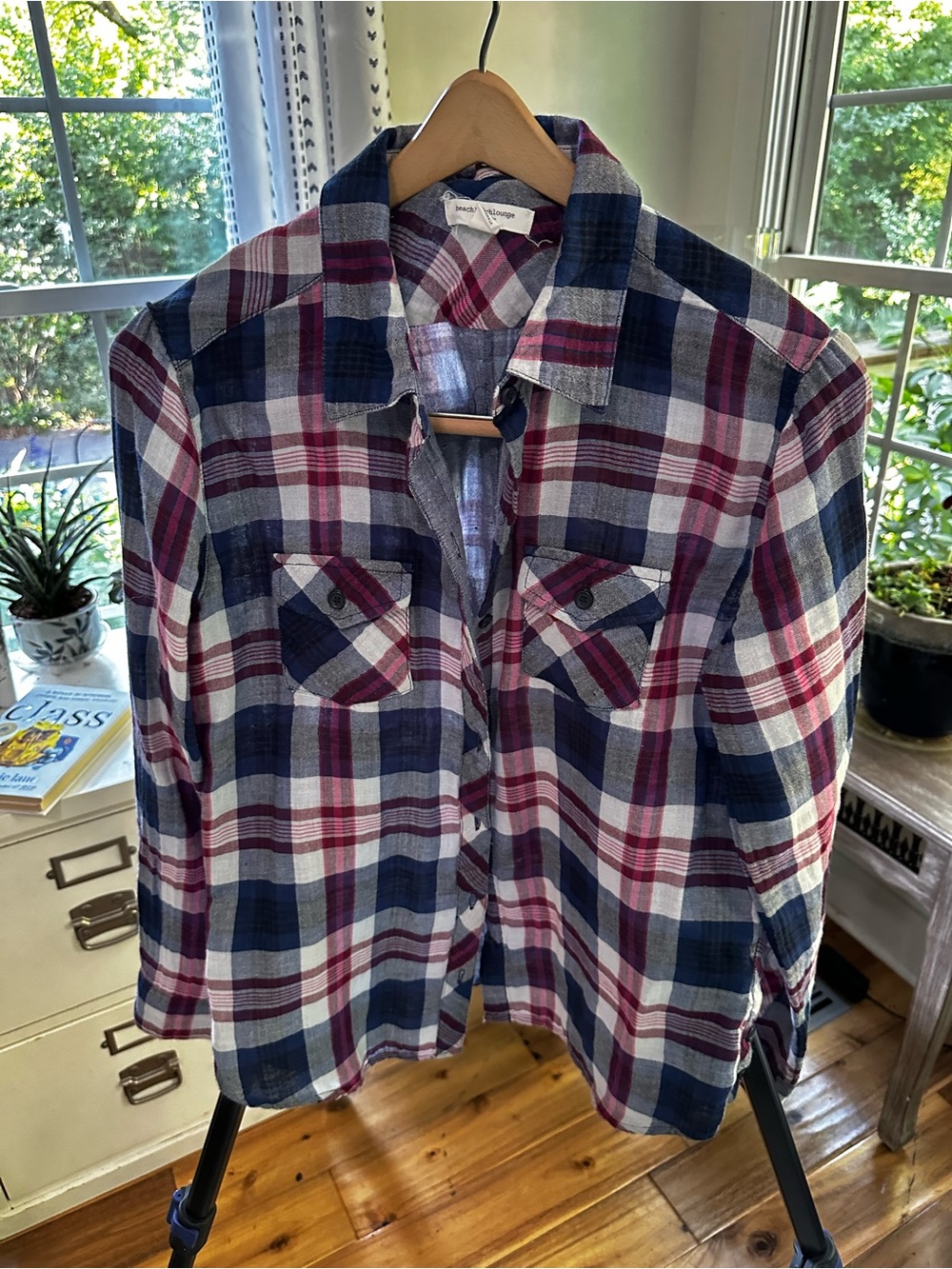 Women’s Plaid Button-Up Shirt - Navy, White & Burgundy